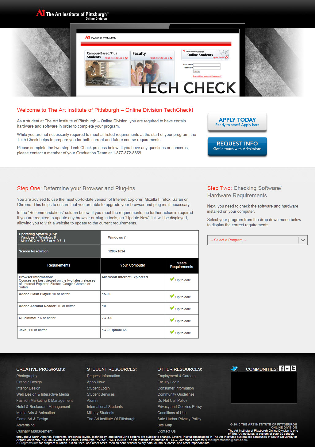 The Art Institute of Pittsburgh TechCheck page